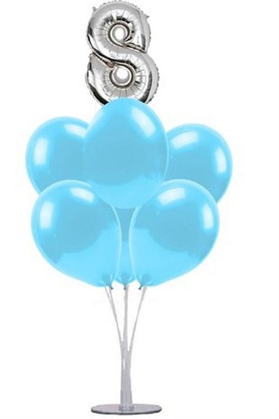 Çemrek Süs Parti Blue 8 Years Old Balloon Stand - 1 Stand and 10 Metallic Balloons and 50 Cm Foil Balloons