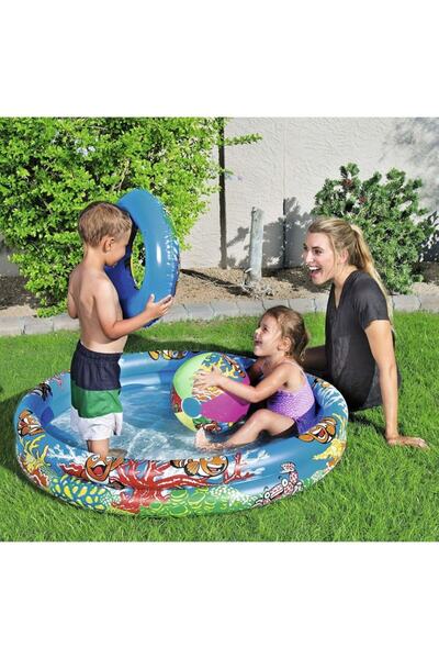 BESTWAY 51124 Çocuk Havuzu 1.22 cm + Top 27 cm + Simit 46 cm 3lü Set