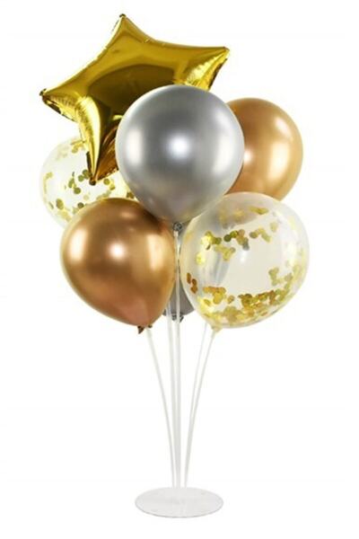 Çemrek Süs Parti Gold Silver Transparent Confetti Balloon Stand - 1 Stand, 1 Foil Star and 10 Balloons