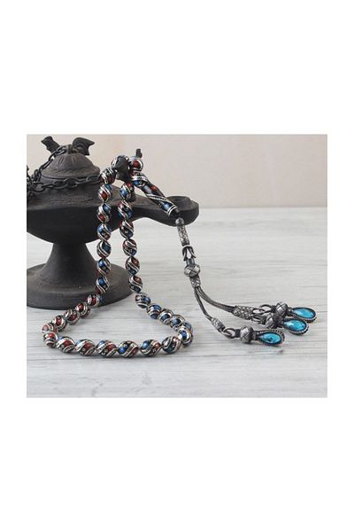 Tesbihsepetim Silver Tassel And Embroidered Burgundy Blue Erzurum Oltu Rosary