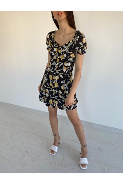 Simoki moda Kadın Limon Desenli Karpuz Kol Elbise