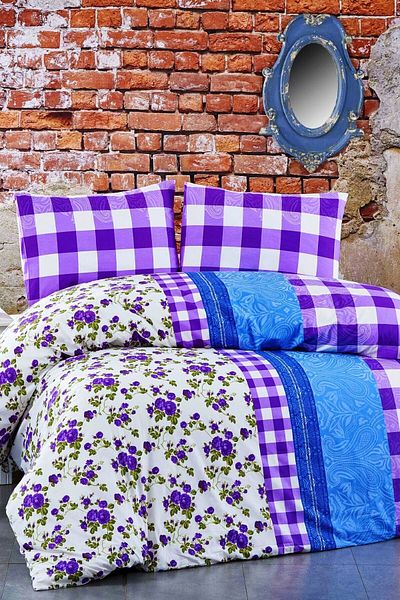 MAJESTE Toprak Ev Elegant 100% Cotton Plaid and Floral Double Duvet Cover Set-10190 Lilac
