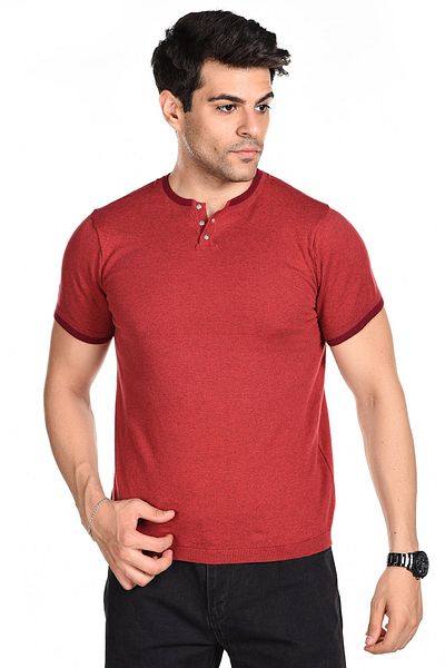 Trist Star Red Men's Combed Cotton Buttoned Crew Neck Short Sleeve Summer Knitwear