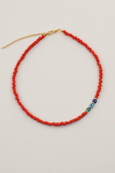 Bijusel Nazar Beaded Colorful Short Necklace Red