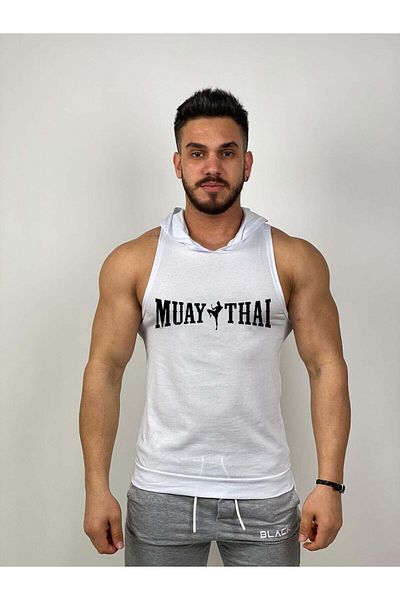 Black İstanbul Men's White Muay Thai Hooded Fitness Undershirt