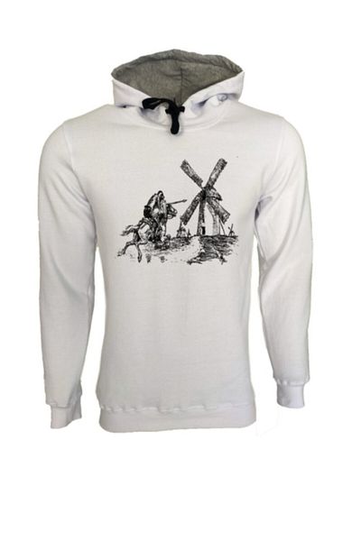 Raf Coll Λευκό φούτερ Unisex με κουκούλα - Δύο κλωστές, με στάμπα Quijote