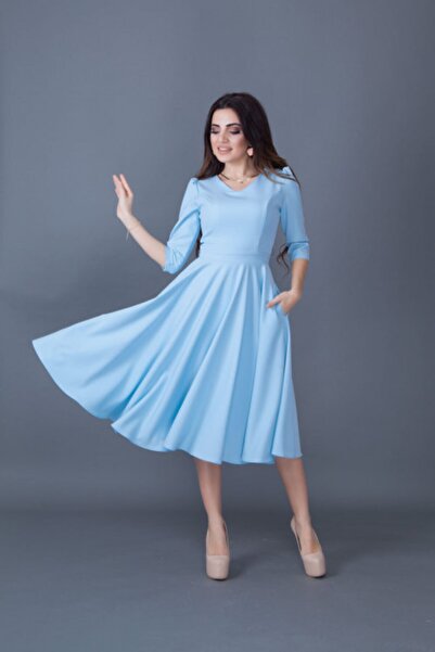 Bidoluelbise Rochie de damă, albastru baby, lungime midi, cu decolteu în V, cu buzunar