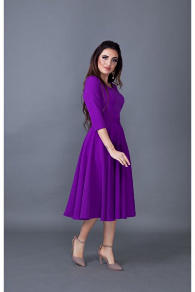 Bidoluelbise Γυναικείο μωβ φόρεμα με λαιμόκοψη με λεπτομέρεια με τσέπη