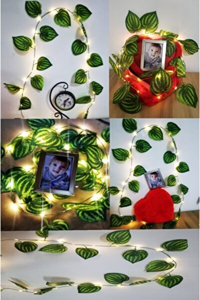 KozmoParti Dekoratif Sarı Çizgili Büyük Yapraklı 3 Metre Sarmaşık Çiçek Led I...