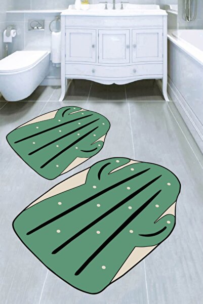 Resmiro Yeşil Kaktüs Desenli  Banyo Paspası 2'Li 50x60 Cm - 60x100 Cm