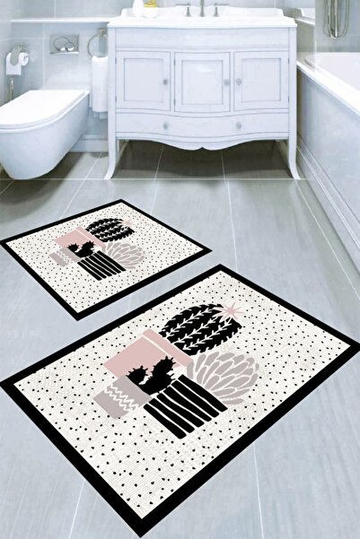 Resmiro Siyah Çerçeve Kaktüs Desenli Banyo Paspası 2'Li 50x60 Cm - 60x100 Cm