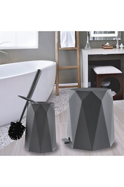 Elif طقم حمام جيو أنثراسيت 2 قطعة بلاستيك سلة مهملات وفرشاة تواليت 5 لتر