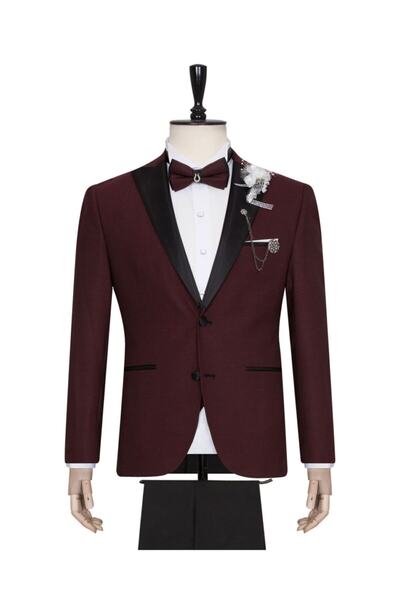 SÜVARİ Erkek Bordo Dokulu Yelekli Slim Fit Smokin Damatlık