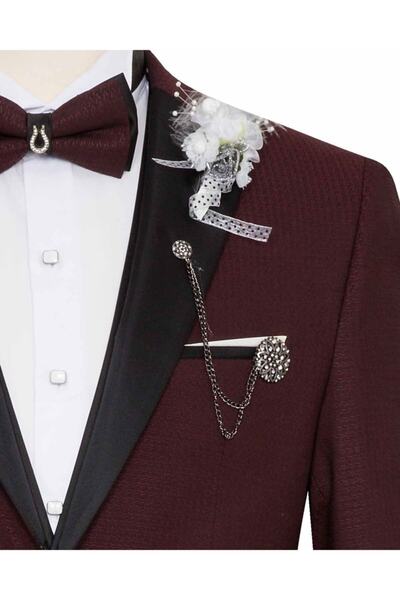 SÜVARİ Erkek Bordo Dokulu Yelekli Slim Fit Smokin Damatlık