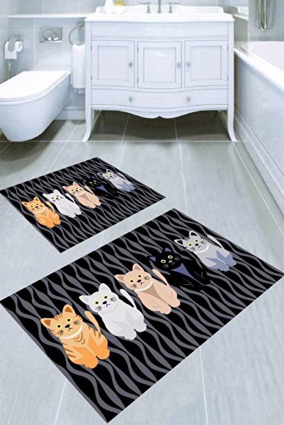 Resmiro Şaşkın Kediler Desenli 2li Banyo Paspası (50x60 Cm - 60x100 Cm)