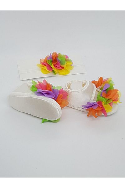 Melkady Aksesuar Baby Girl White Colored Flower Motif Hair Band and Booties Set 169