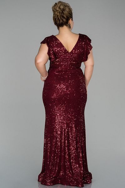 Abiyefon Burgundy Sequin Large Size Fishnet Evening Dress Abu1045