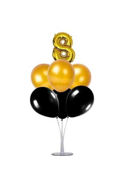 Şeker Adası 8 Years Old Number Foil Balloon Gold Gold 40 Cm, Balloon Stand, 6 Balloons, Birthday, Anniversary, Party