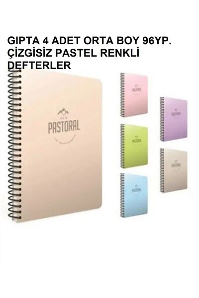 Gıpta Pastoral Medium Size 96Yp. 4 Unlined Pastel Colored Notebooks