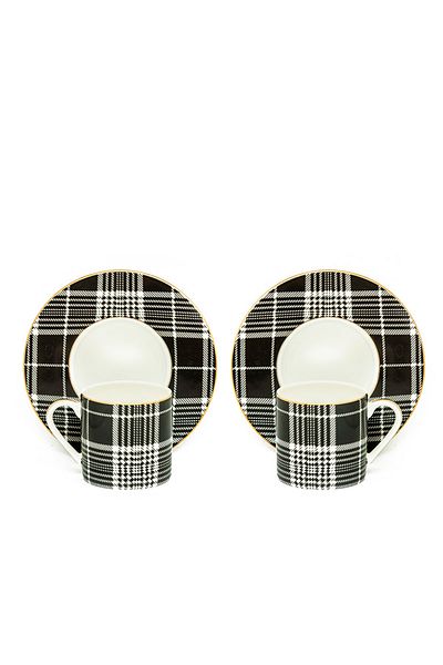 Bursa Porselen Dekor Black and White Gold Gilt Handled Coffee Cup Set for Two