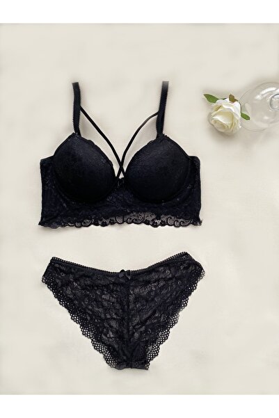 ECEM YILDIZ Γυναικείο Μαύρο Σετ σουτιέν Bralette με μαύρη δαντέλα