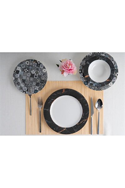 ACAR Siyah Kare Desenli Grace 24 Prç Yemek Takımı -