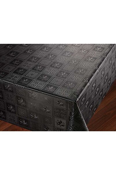 Örtücüm Siyah Kendinden Desenli Astarlı Pvc Muşamba Masa Örtüsü