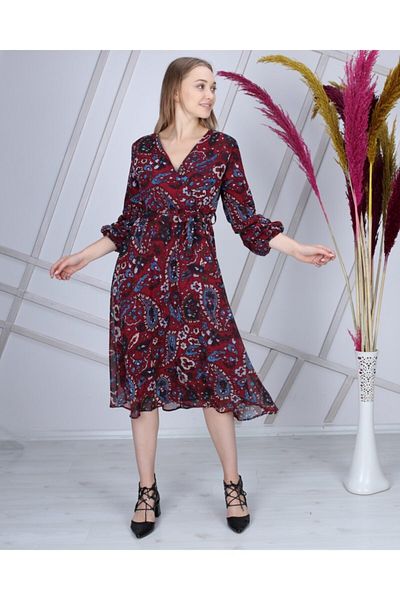CİXAPLE Rochie din șifon cu imprimeu floral, cu mâneci bordeaux