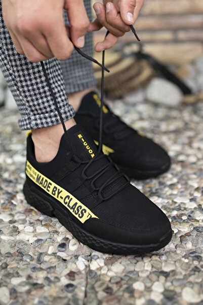 Riccon Siyah Sarı Erkek Cilt Sneaker 0012SANTO