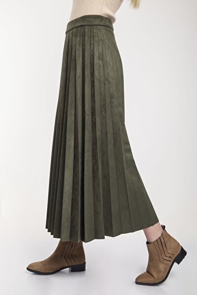 modabirsen Γυναικεία Χακί Πλισέ Mevlana Suede Φούστα