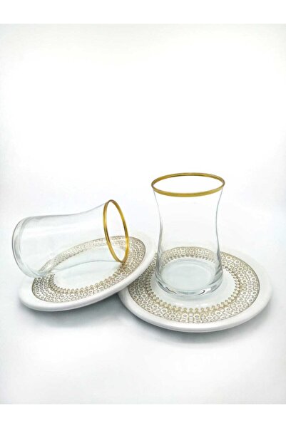 ÖzcamKristal 12 Parça Oyma Tabak Desen Çay Takımı (6+6)