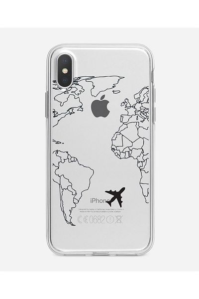 mooodcase حافظة آيفون X World Map Lines من السيليكون الشفاف الفاخر باللون الأسود