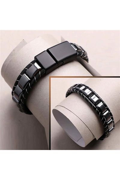 Sahi Aksesuar Bakla Model Natural Hematite Stone Natural Stone Leather Bracelet 21 Cm