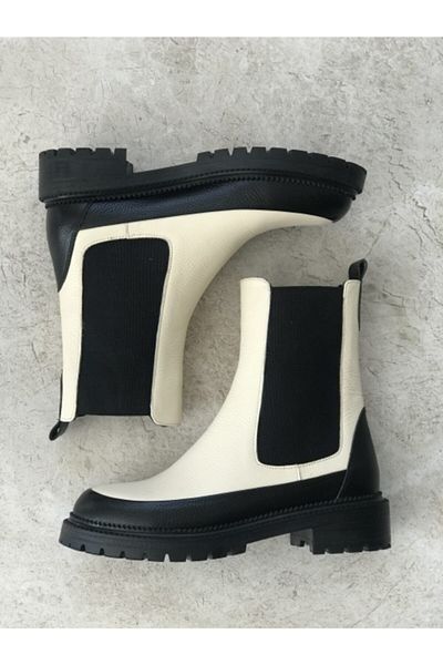 TUNAELLİ Women's Beige Genuine Leather Chelsea Boots