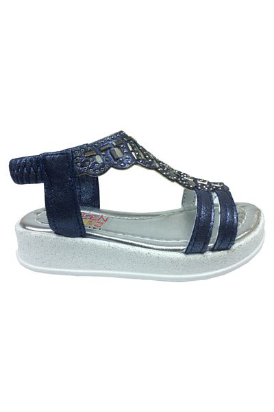 grafen Orthopedic Booties Girls' Sandals Navy Blue Leaf Pattern Stone Heeled Evening Dress
