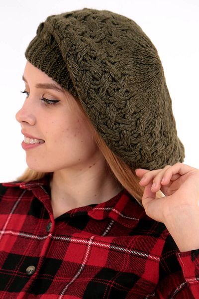 Deafox Women's Khaki Trend Knitted Detailed Painter Beret DFX61325
