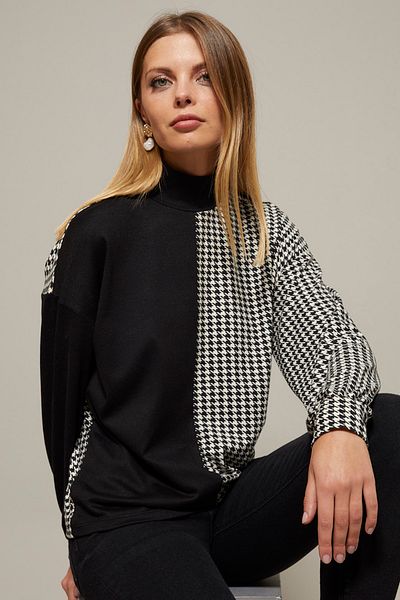 Cool & Sexy Női fekete-fehér félteknős kopófog mintás blúz Yİ2037