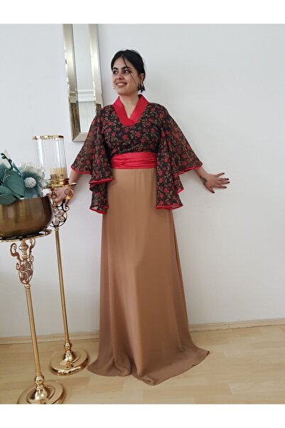 FERGAN فستان سهرة نسائي بأكمام خفاش منقوش باللون البني