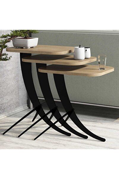 Variant Mobilya Pion Metal Ayaklı 3 Lü Zigon Sehpa - Meşe