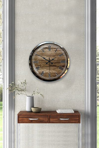 Kasva Concept Gift 40 cm Chrome Metal Wooden Look Wall Clock Gift