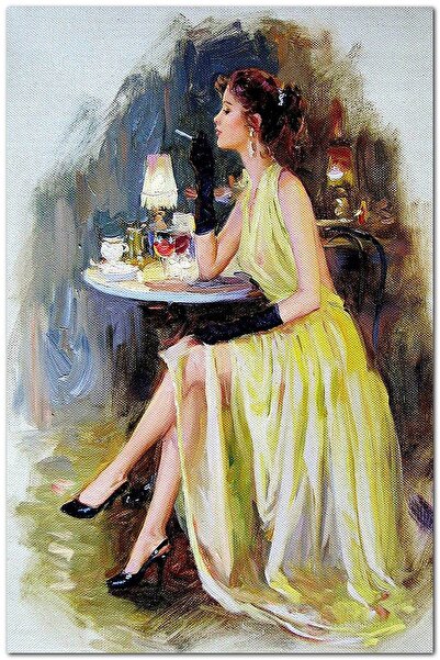 Cakatablo Κωνσταντίνος Ραζούμοφ, Ρώσος ζωγράφος, εικόνα γυναίκας με κρασί, ξύ...