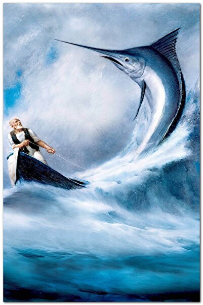 Cakatablo Ξύλινος πίνακας: Ηλικιωμένος ψαράς με σπαθί στο κυματιστό θάλασσα (...