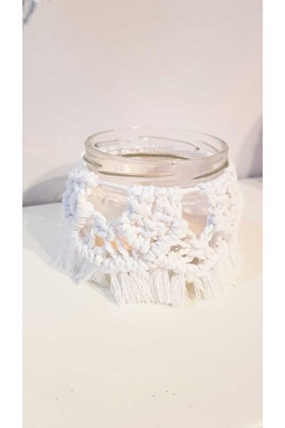 SERAN DESİGN TRADE Beyaz Makrome Dekoratif Kavanoz Mumluk