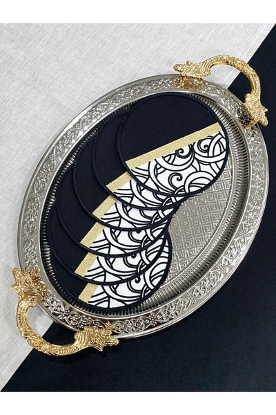Tanem Home Black White Gold Embroidered Coasters, Cocktails and Presentation Napkins 6 Pieces