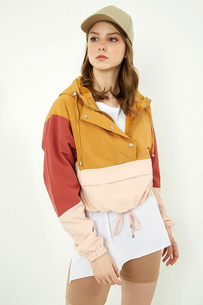 Vis a Vis Beige-Camel Farbblock-Kapuzenmantel für Damen STN584KMO104