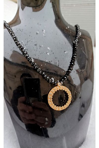 Nev Tasarım Crystal Necklace with Frame Fit for Wearing Half Gold