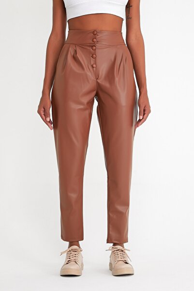 MRS.MODA Women's Front Buttoned Leather Trousers