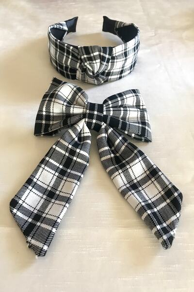 alsaccessories Ασπρόμαυρο καρό μοτίβο κορώνα μαλλιών και συνδυασμός φιόγκου με κλιπ