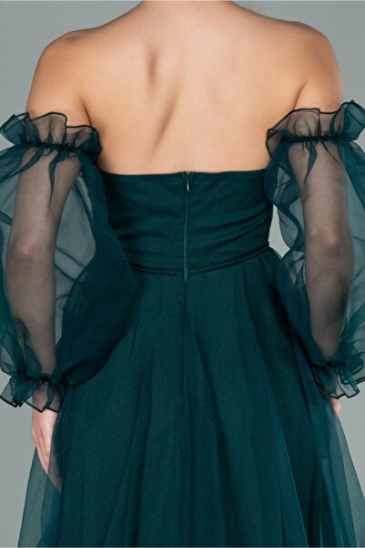 Abiyefon Zümrüt Yeşili Uzun Kol Dalya Abiye Elbise Abu2076