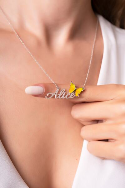 Violansia 925 Ayar Gümüş Isimli Mineli Sarı Kelebek Kolye